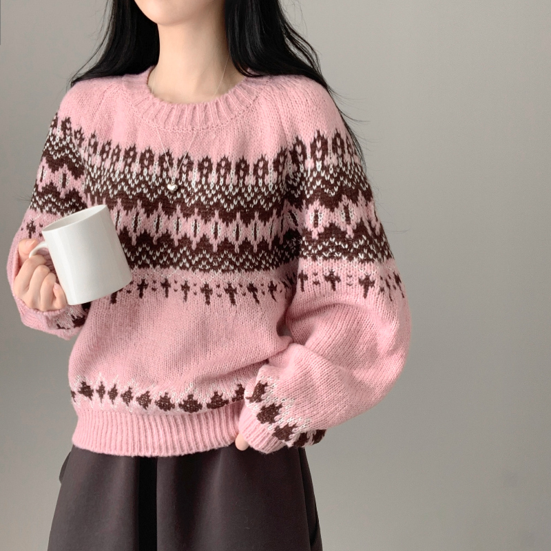 ヴィンテージアクリルジャガードノルディック柄長袖ニット