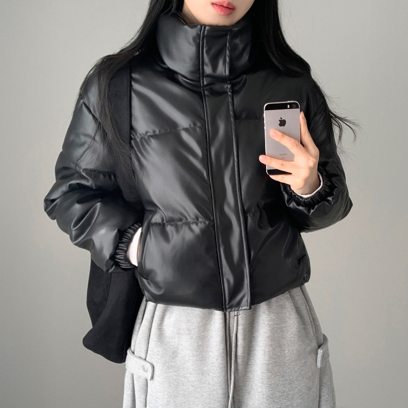  ダウンジャケット 美品 ハイネックレザークロップドダウンジャケット | ファッション通販