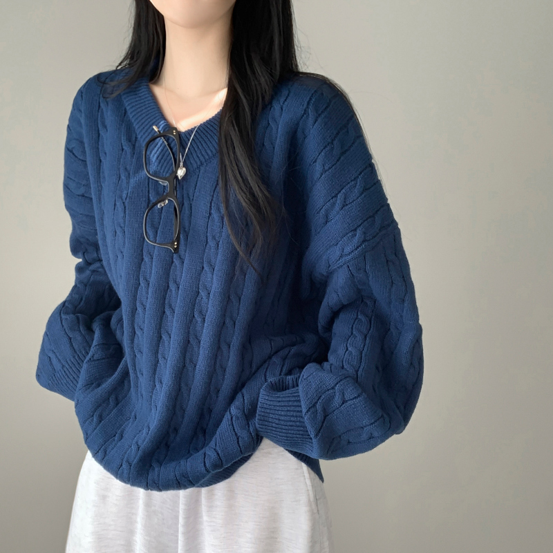 レイヤードVネックケーブルツイスト長袖ニット | ファッション通販