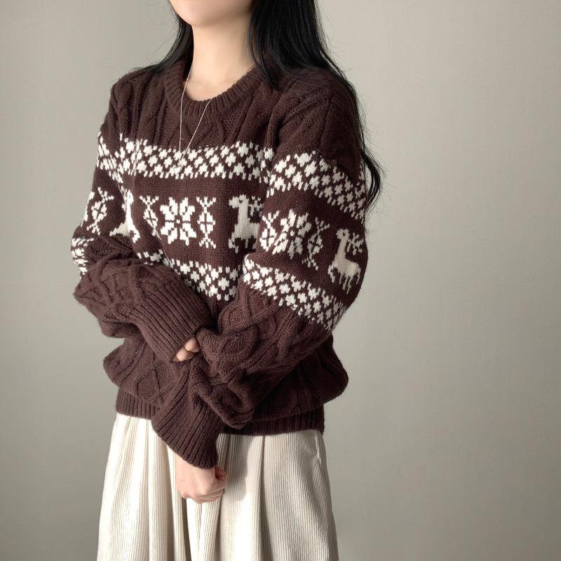 ラウンドノルディック柄ツイストケーブルオーバーサイズニット