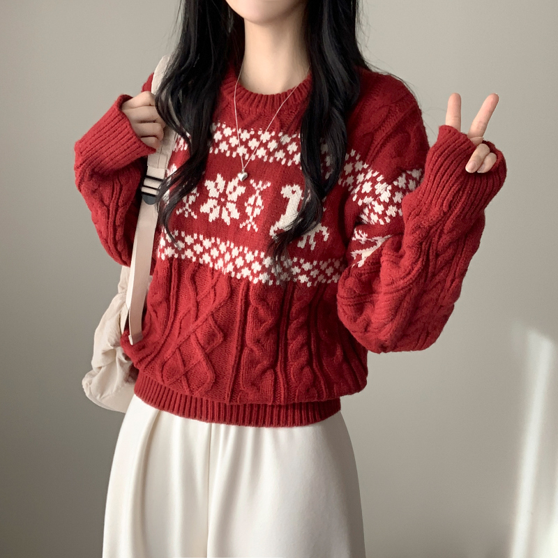 ラウンドノルディック柄ツイストケーブルオーバーサイズニット