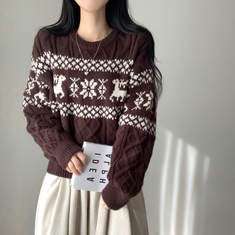 ラウンドノルディック柄ツイストケーブルオーバーサイズニット