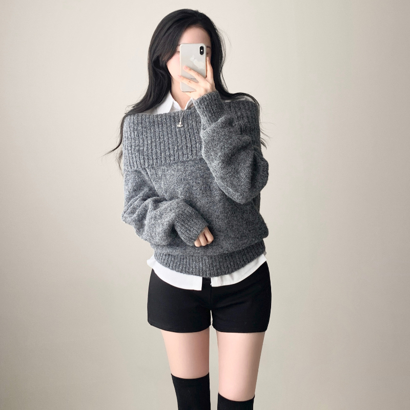 オーバーサイズウールレイヤードオフショルニット