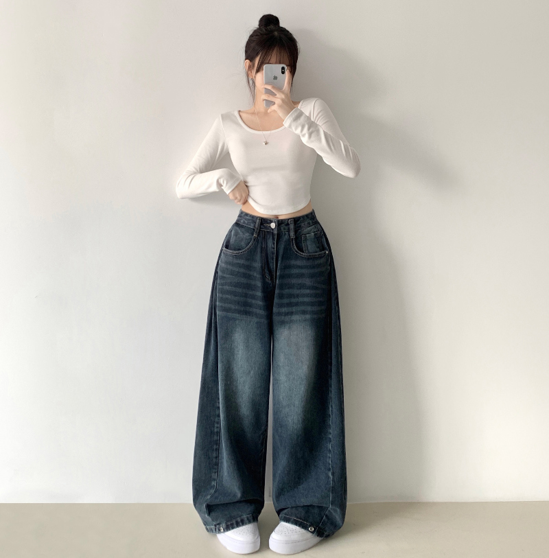 ヴィンテージウォッシュサイドタック入りハイウエストデニムパンツ