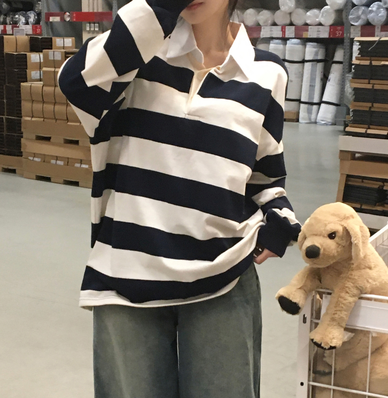 オーバーサイズ長袖カットソー ストライプ ストライプオーバーサイズ長袖ラガーシャツ | ファッション通販