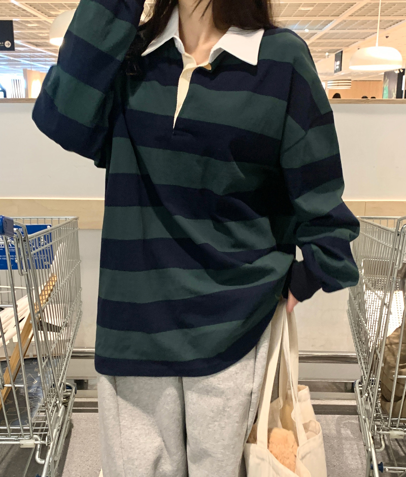 ストライプオーバーサイズ長袖ラガーシャツ | ファッション通販