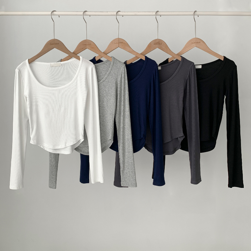 リブUネックスリム無地クロップド長袖Tシャツ | ファッション通販