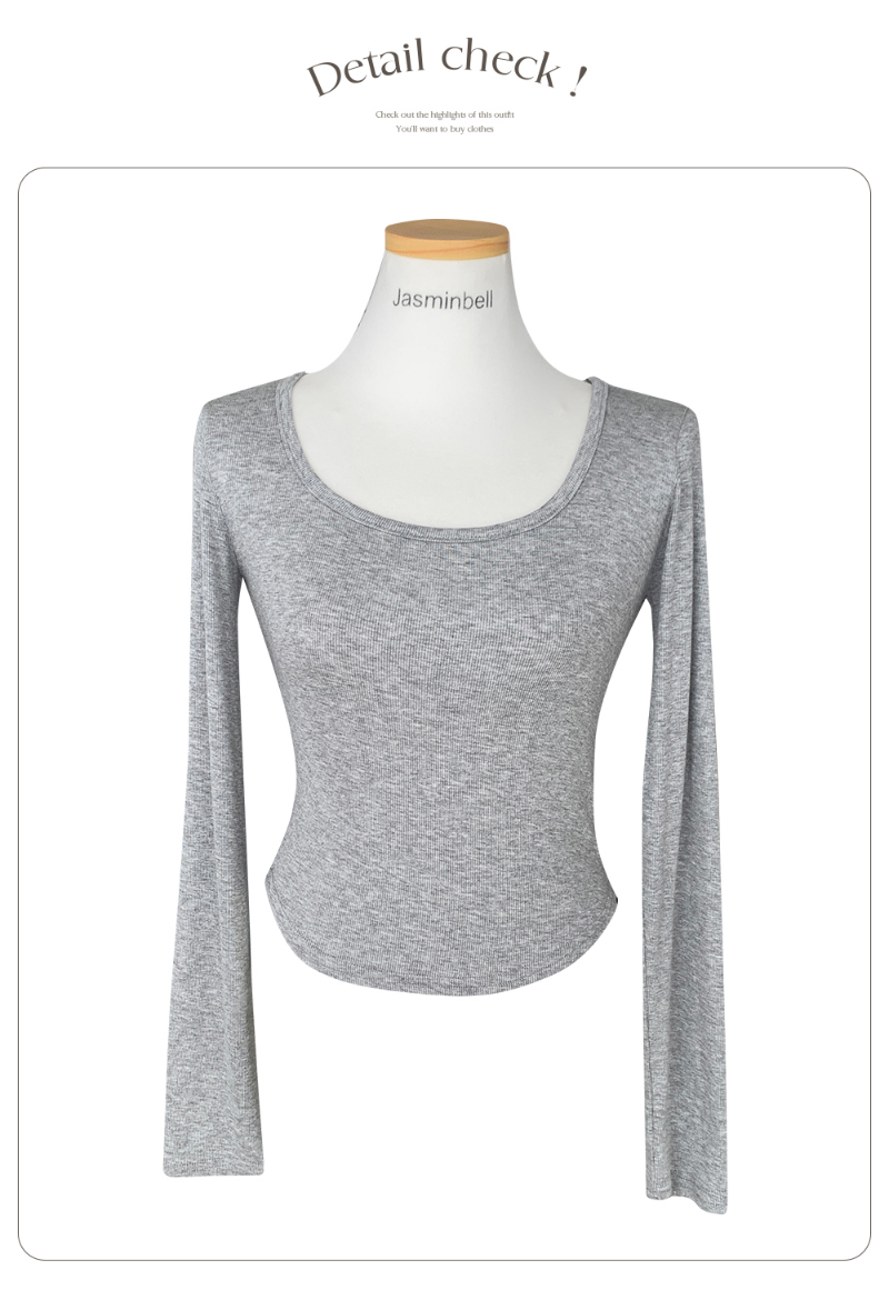 リブUネックスリム無地クロップド長袖Tシャツ | ファッション通販