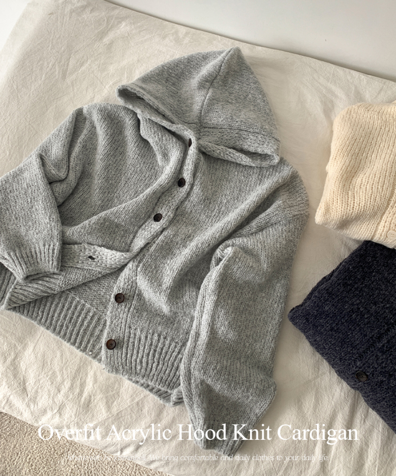 オーバーサイズアクリルフード付きニットカーディガン