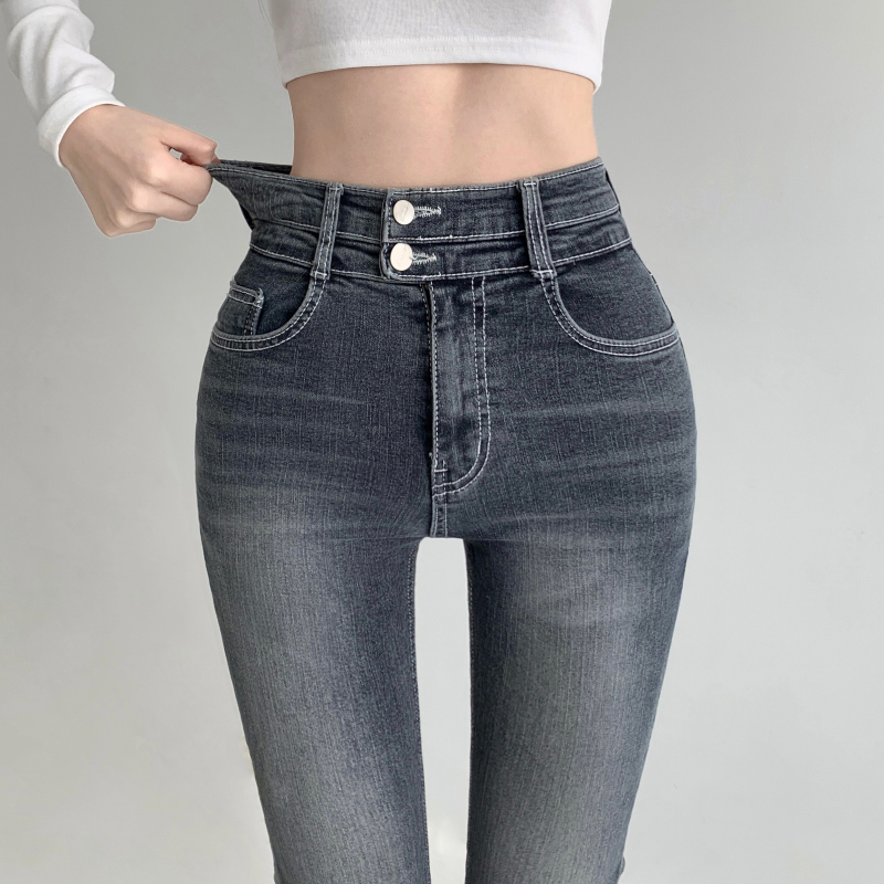 骨盤パッド]ウォッシュハイウエストツーボタンブーツカットデニム