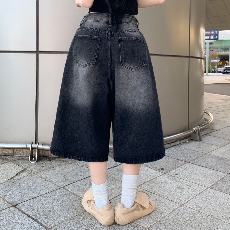 サイドタック入りヴィンテージウォッシュハイウエストローワイドデニム