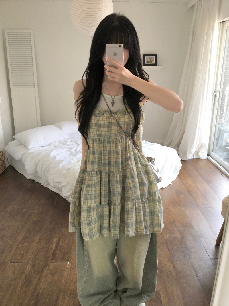 ヴィンテージチェックフリルティアードミニキャミワンピース