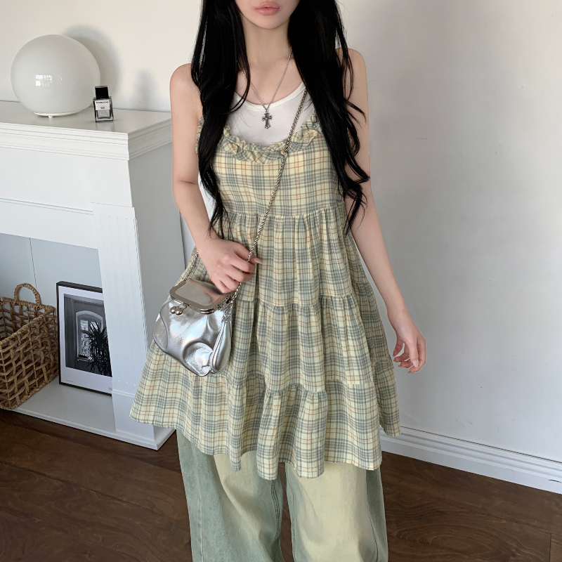 ヴィンテージチェックフリルティアードミニキャミワンピース