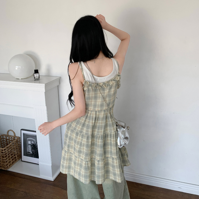 ヴィンテージチェックフリルティアードミニキャミワンピース