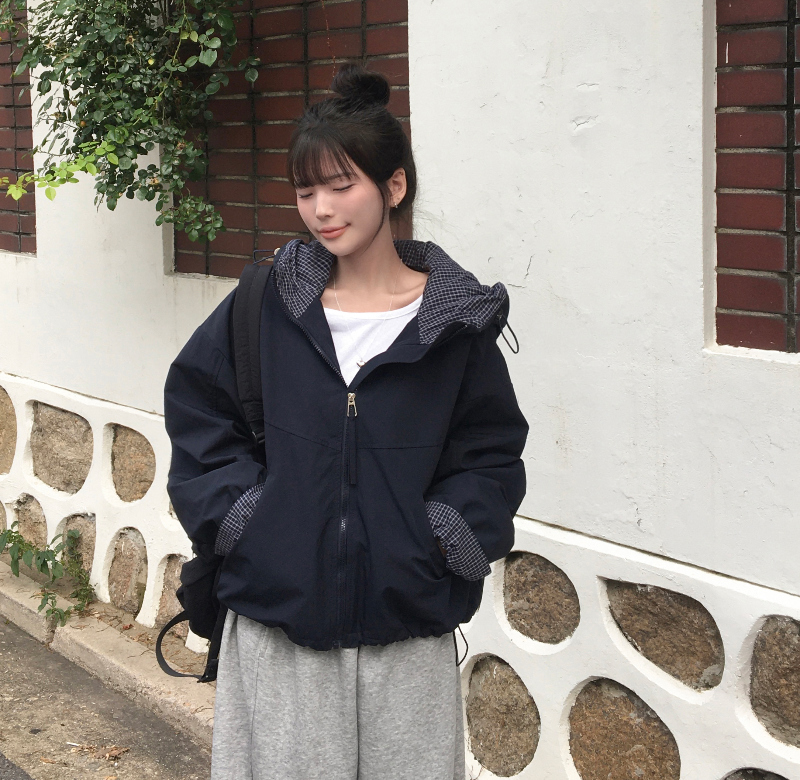 チェックバイカラーフード付きダウンジャケット | ファッション通販