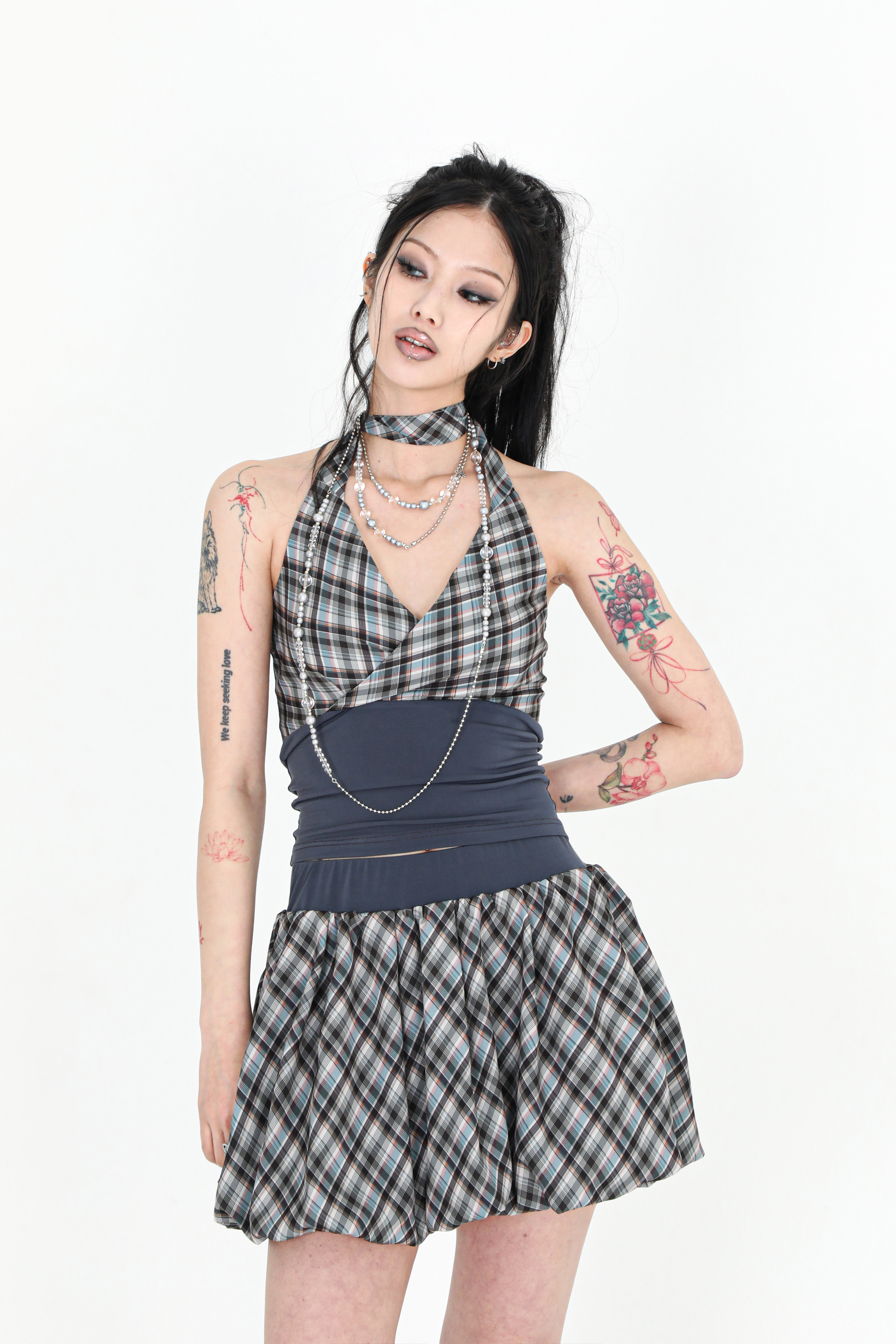 DARLING YOU ARE BAD] MINT CHECK BALLOON SKIRT - DARLING YOU