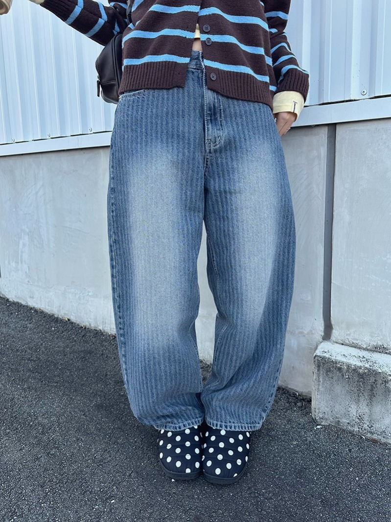 ストライプワイドデニムパンツ - Poft
