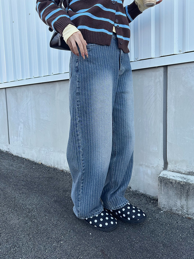 ストライプワイドデニムパンツ - Poft