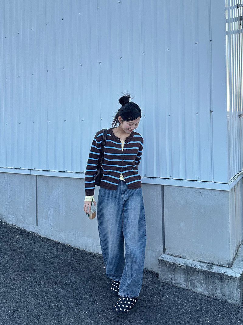 ストライプワイドデニムパンツ - Poft