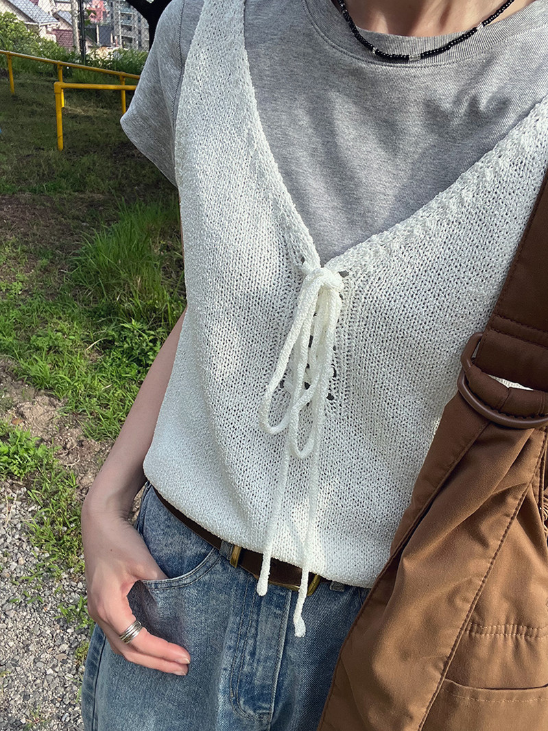リボンニットタンクトップ - Poft