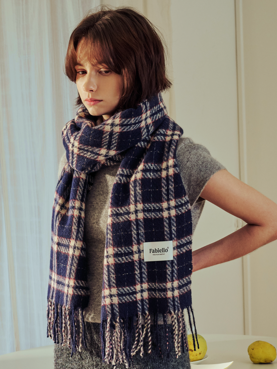 Nordic Check Scarf (navy) - 파비엘로