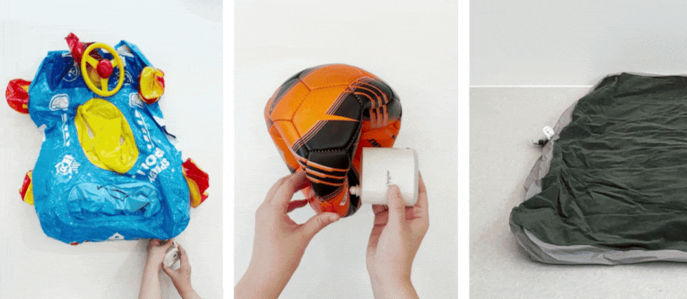 충전식 휴대용 에어펌프 사용 모습 - 전동 에어펌프와 미니 랜턴 기능 포함