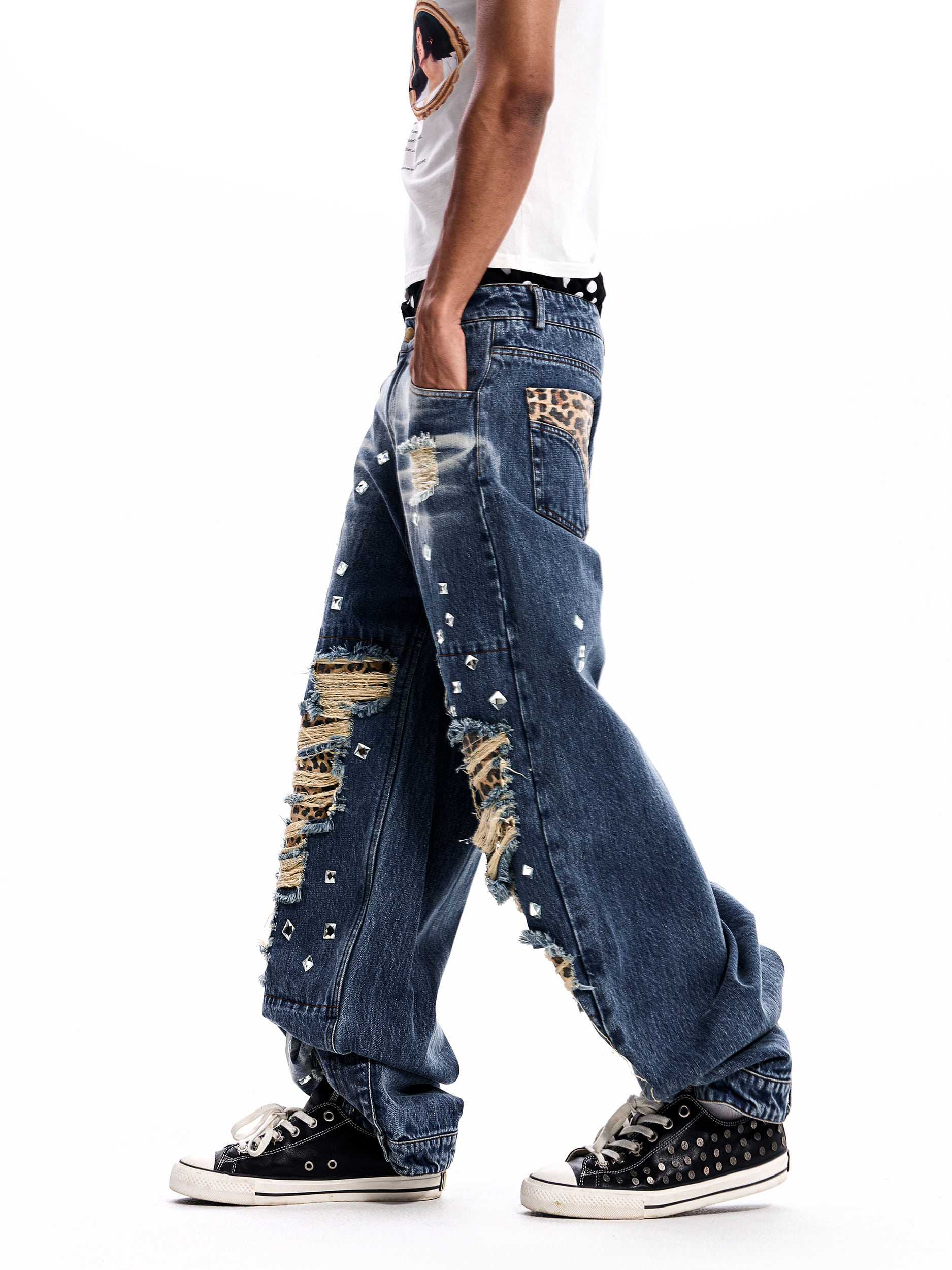 STARTEXCEEDEND Leopard Patchwork Distressed Wide Jeans - Kirr