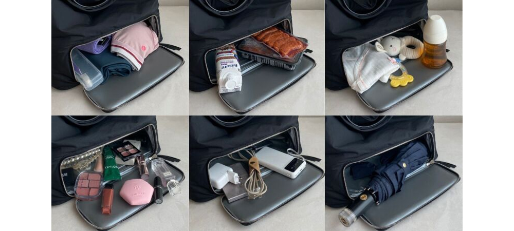 Nylon Hobo lower compartment with workout clothes, food, cosmetics, family essentials, chargers and an umbrella