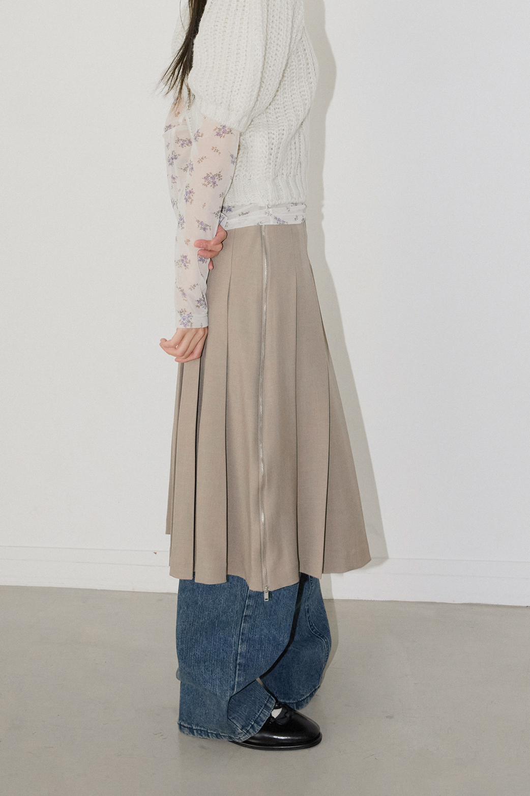 DOUBLE ZIPPER PLEATED SKIRT