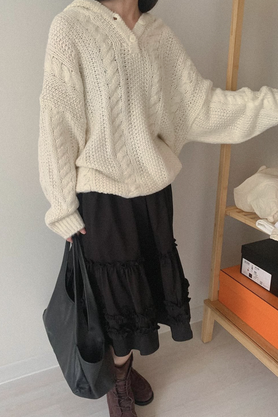 CABLE BUTTON-UP HOODED KNIT