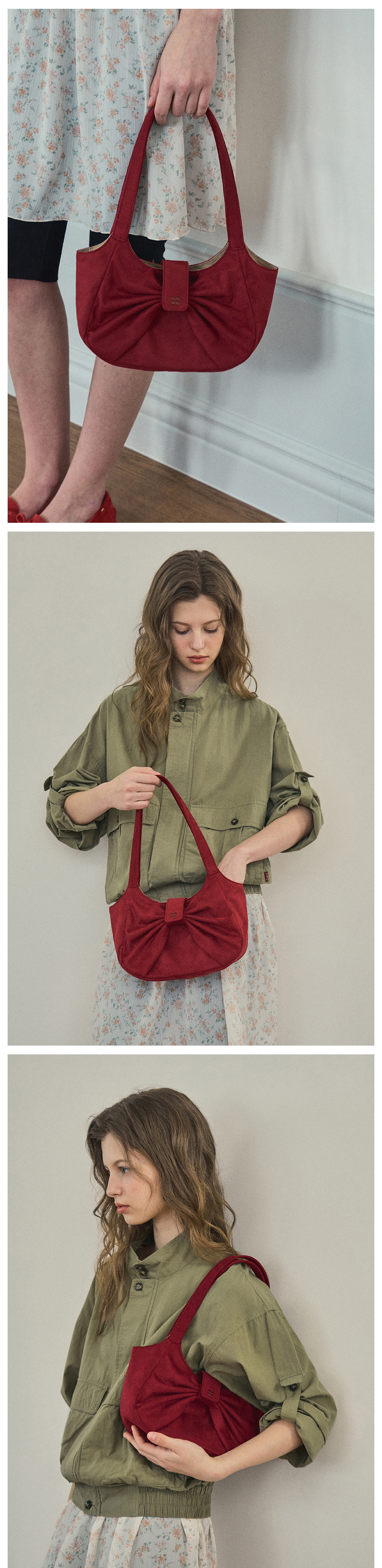 ショルダーバッグ・ポシェット [OUR NOSTALGIA]Suede Ribbon Loopie Bag (2 COLOR) Suede ribbon loopie bag_Red(OC25-ACC01) - OURNOSTALGIA