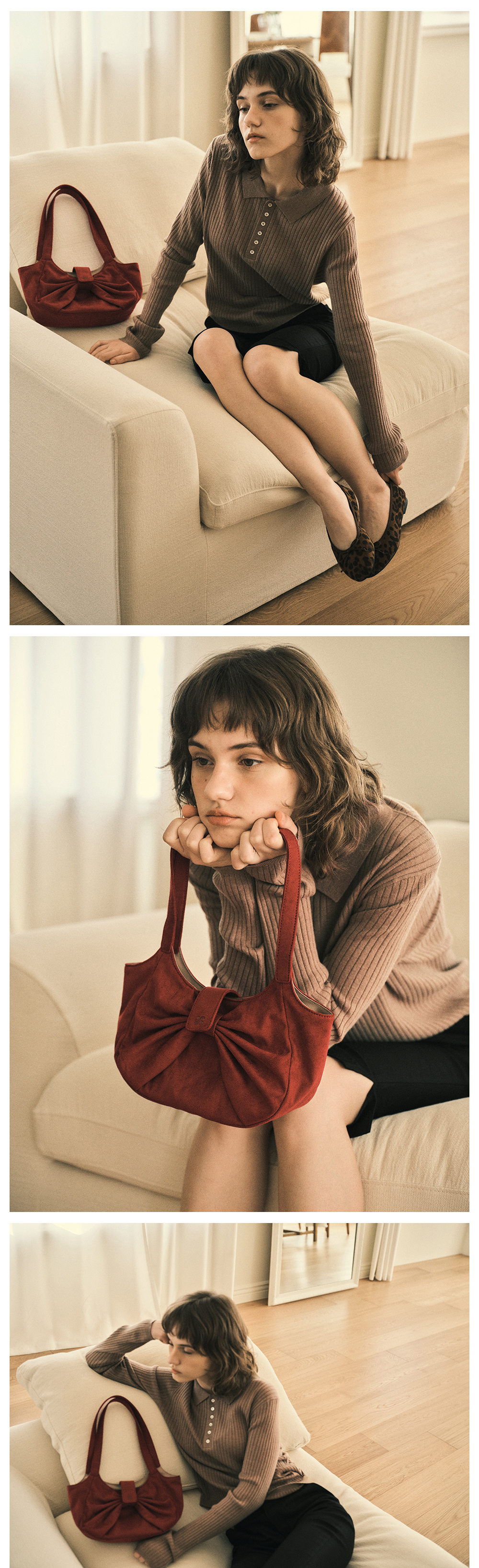 ショルダーバッグ・ポシェット [OUR NOSTALGIA]Suede Ribbon Loopie Bag (2 COLOR) Suede ribbon loopie bag_Red(OC25-ACC01) - OURNOSTALGIA