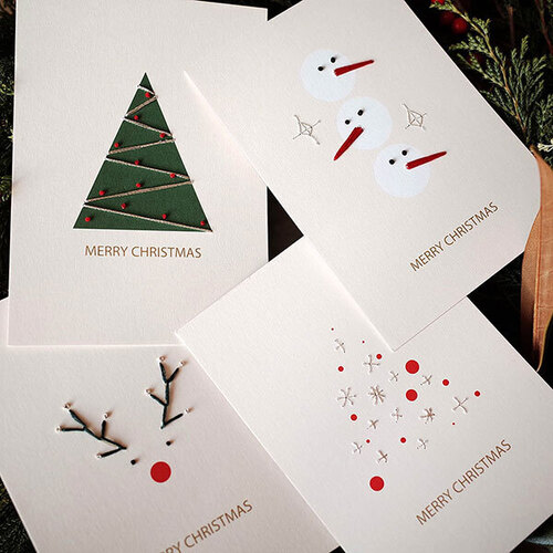 [이본느모건] 프랑스자수 크리스마스 자수카드 4장 만들기 DIY KIT - 루돌프,눈사람,그린트리,레드트리
