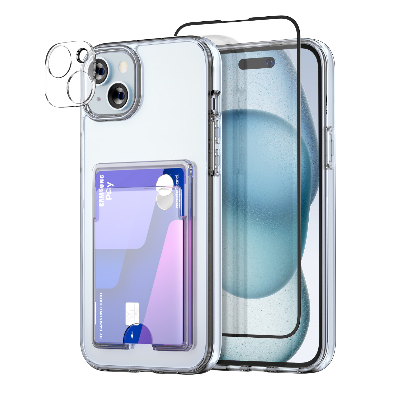 아이폰15 시리즈 카드포켓 클리어핏 투명 케이스+액정 강화유리+카메라 필름 풀세트