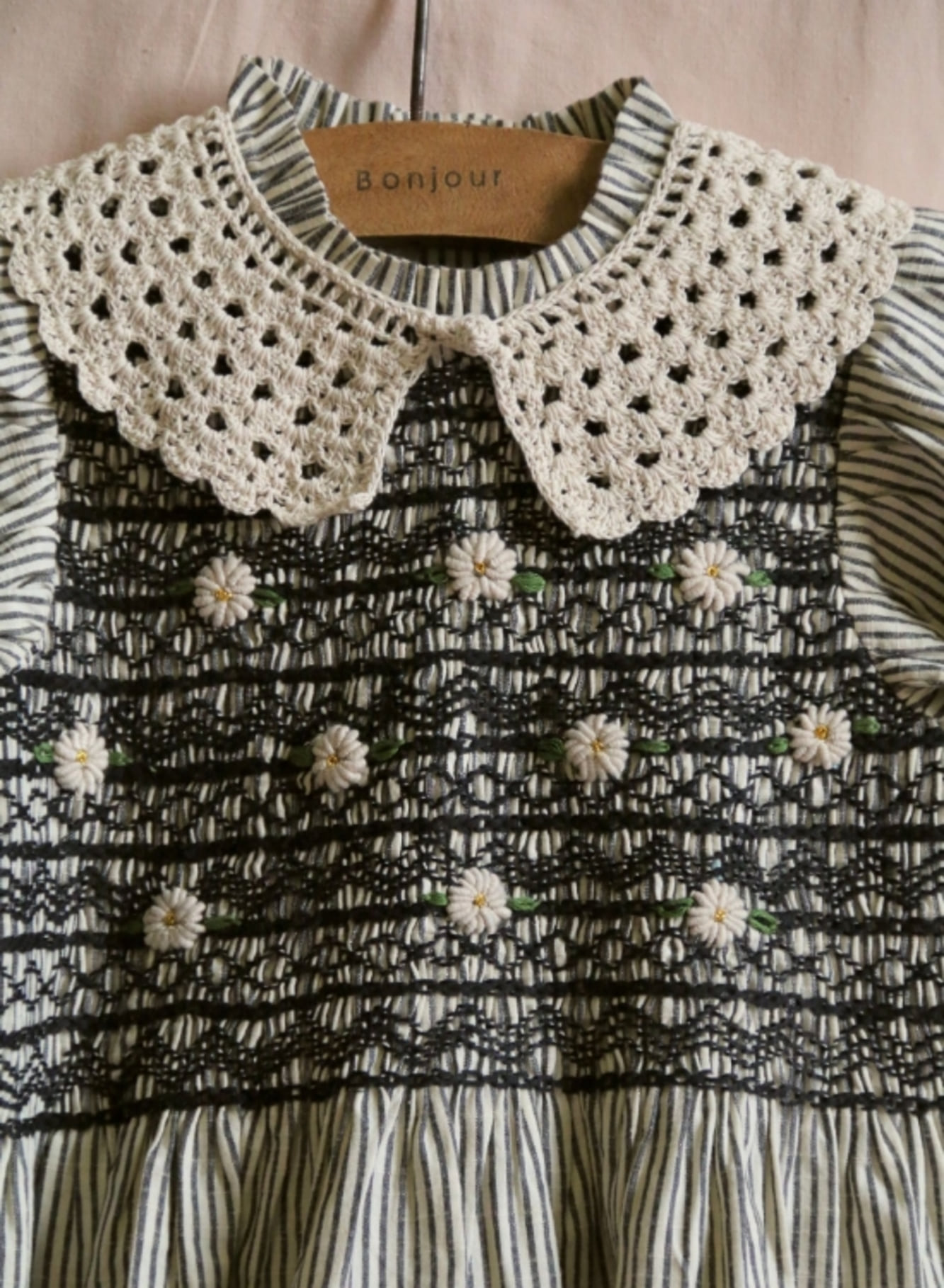 Handsmock Blouse with Removable Crochet Collar (black stripe) - My 
