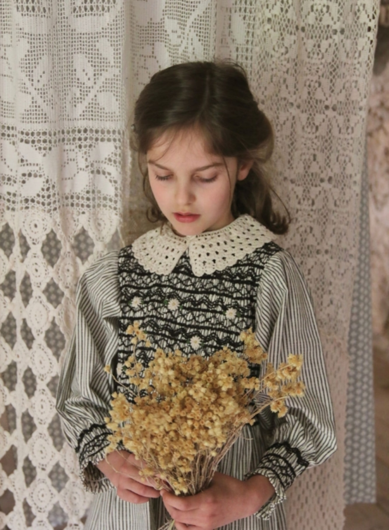 Handsmock Blouse with Removable Crochet Collar (black stripe) - My 