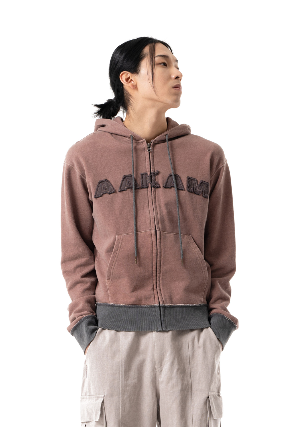 Contrast Logo Zip-Up Hoodie (Brown) - AAKAM