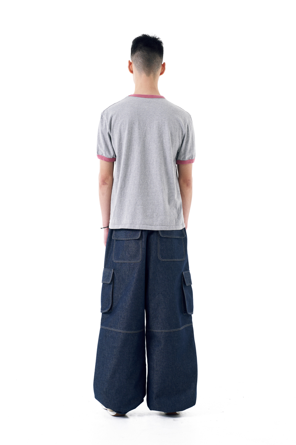 Stitched Denim Wide Cargo Pants (Blue) - AAKAM