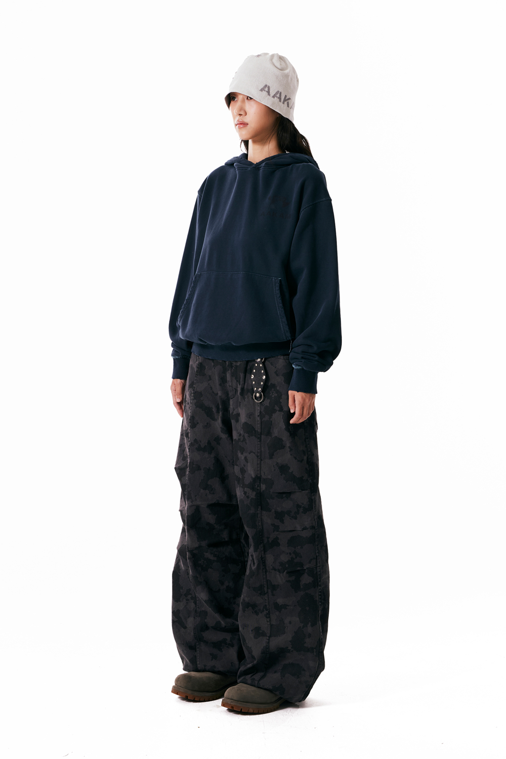 Knee Pin-tuck Camouflage Twill Pants (Black) - AAKAM