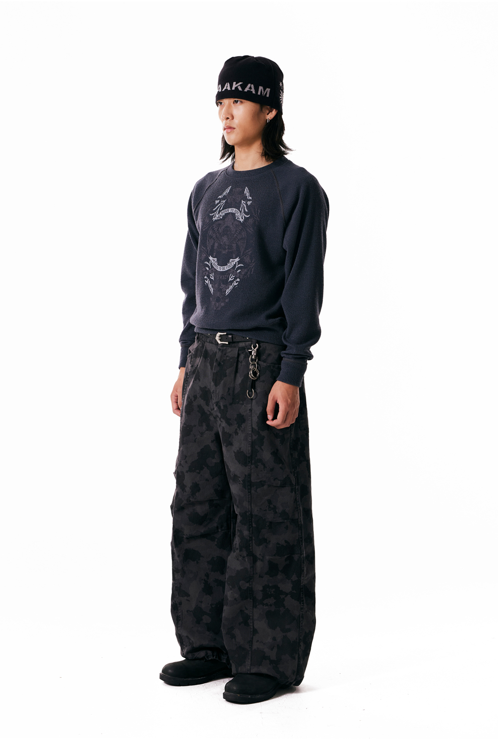 Knee Pin-tuck Camouflage Twill Pants (Black) | AAKAM