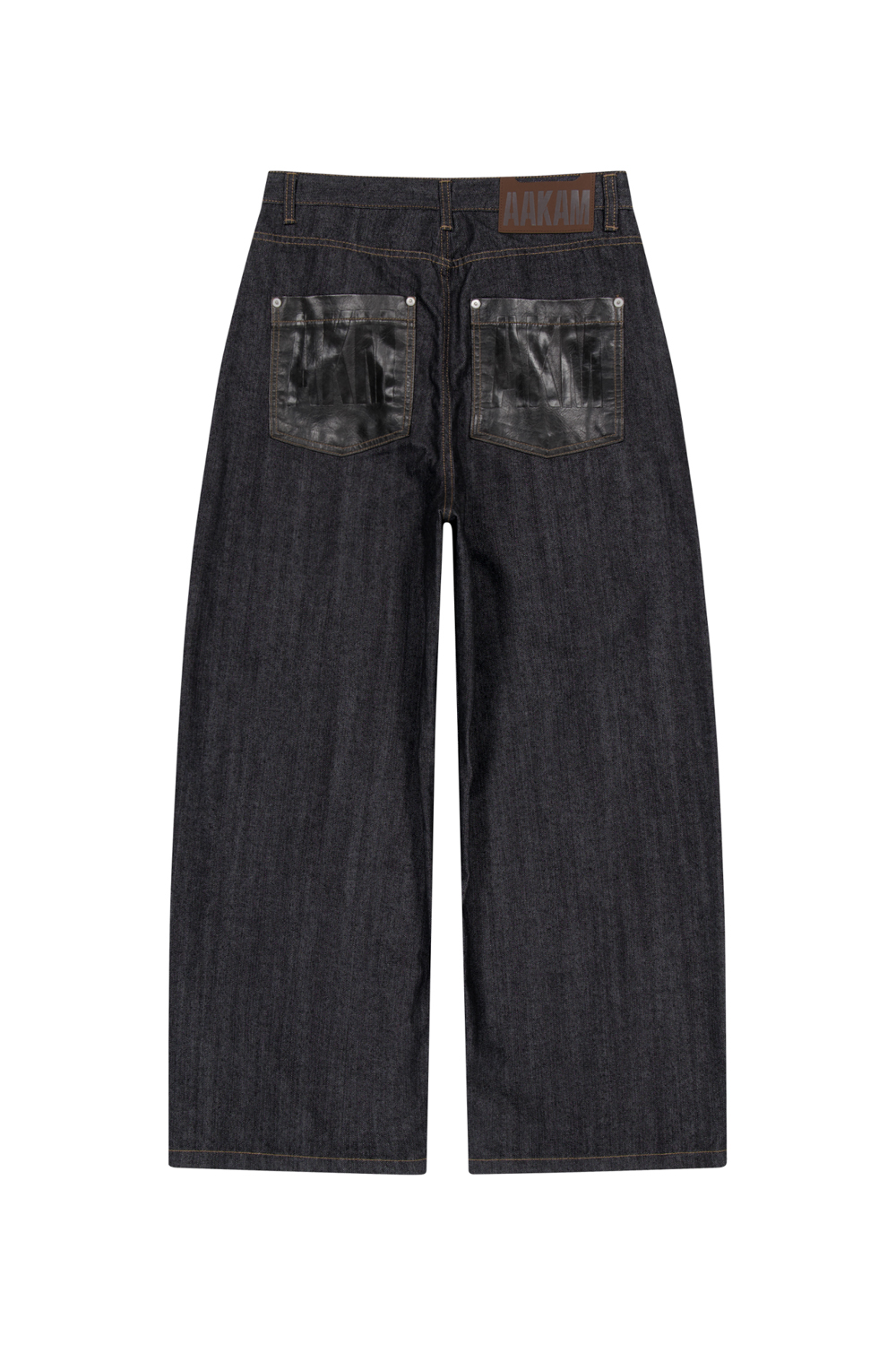 Leather Patch Denim Pants (Black) - AAKAM