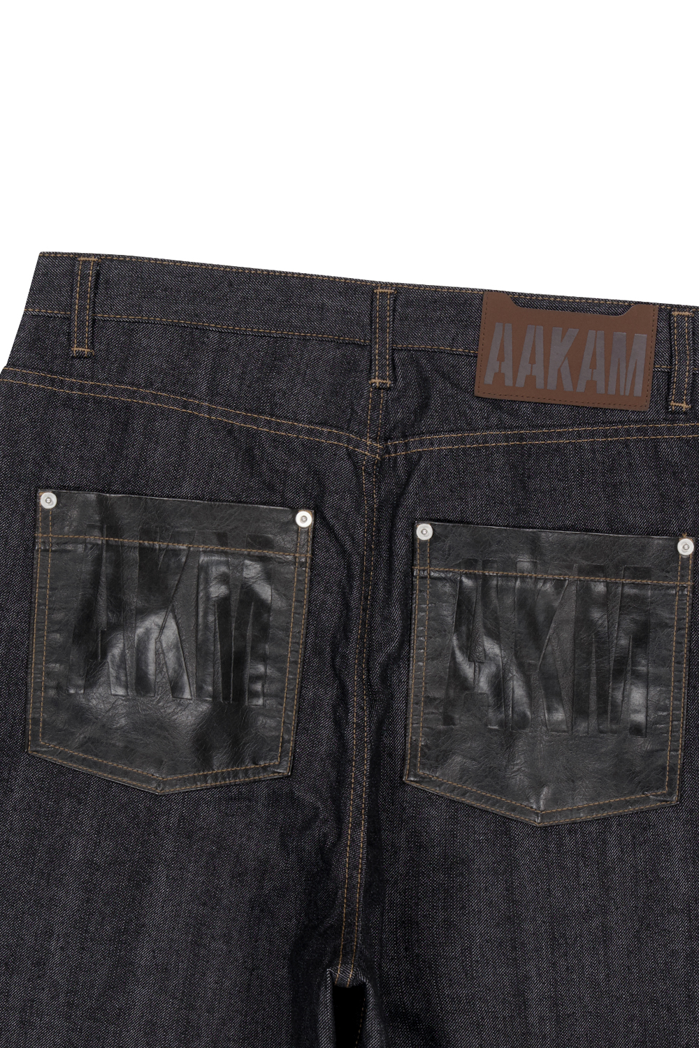 Leather Patch Denim Pants (Black) - AAKAM