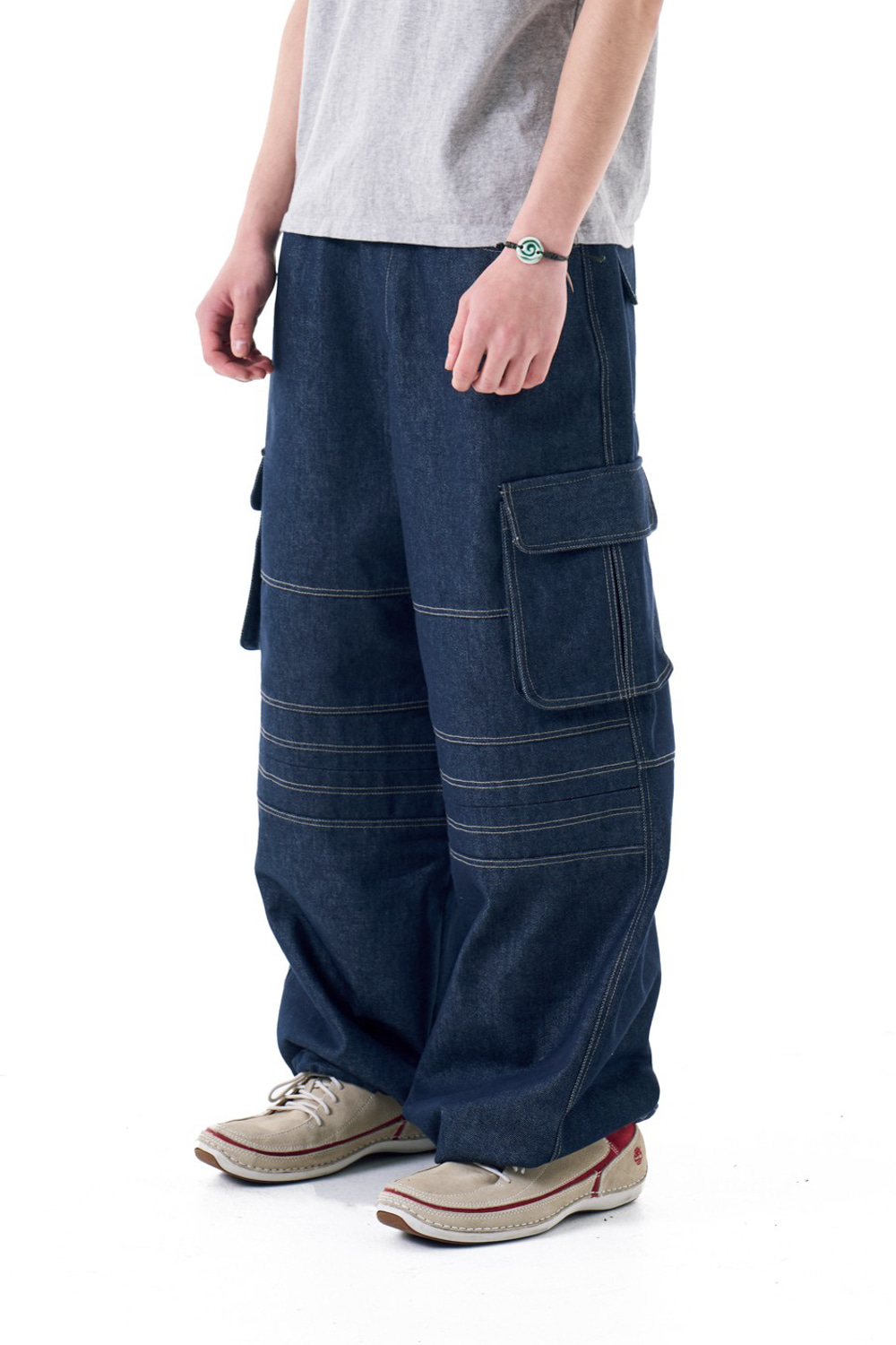 Stitched Denim Wide Cargo Pants (Blue) - AAKAM