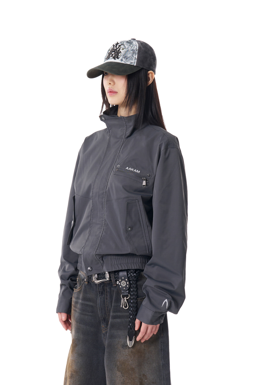 High-Neck Button Jacket (Dark Gray) | AAKAM