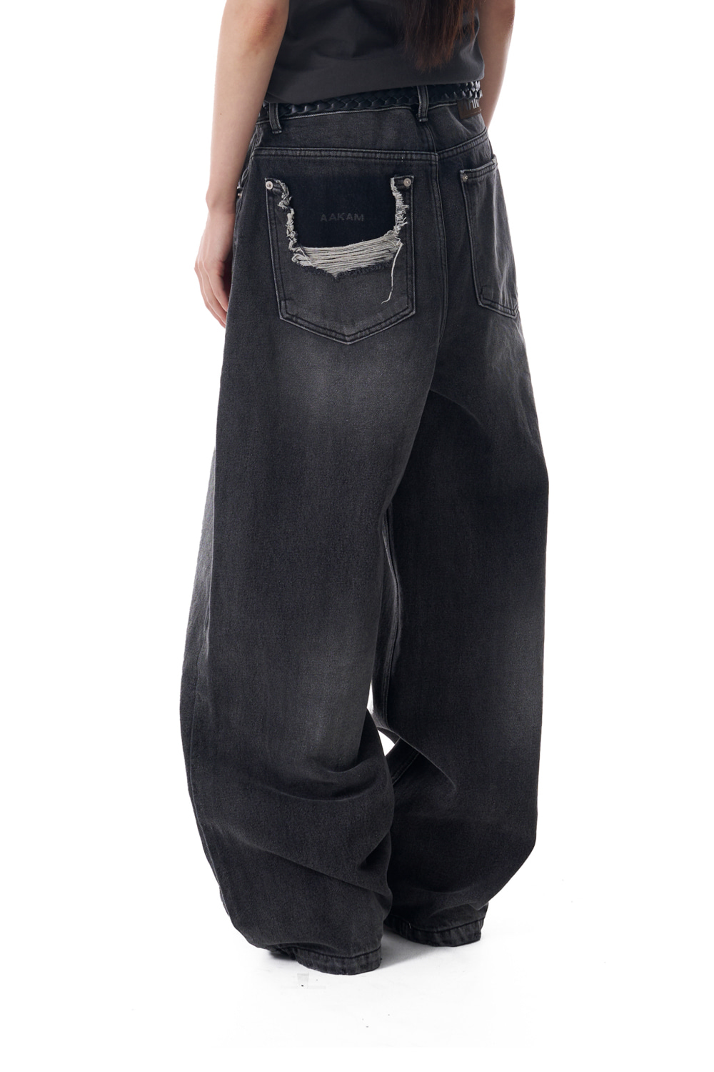 Distressed Pocket Denim Pants (Black) - AAKAM