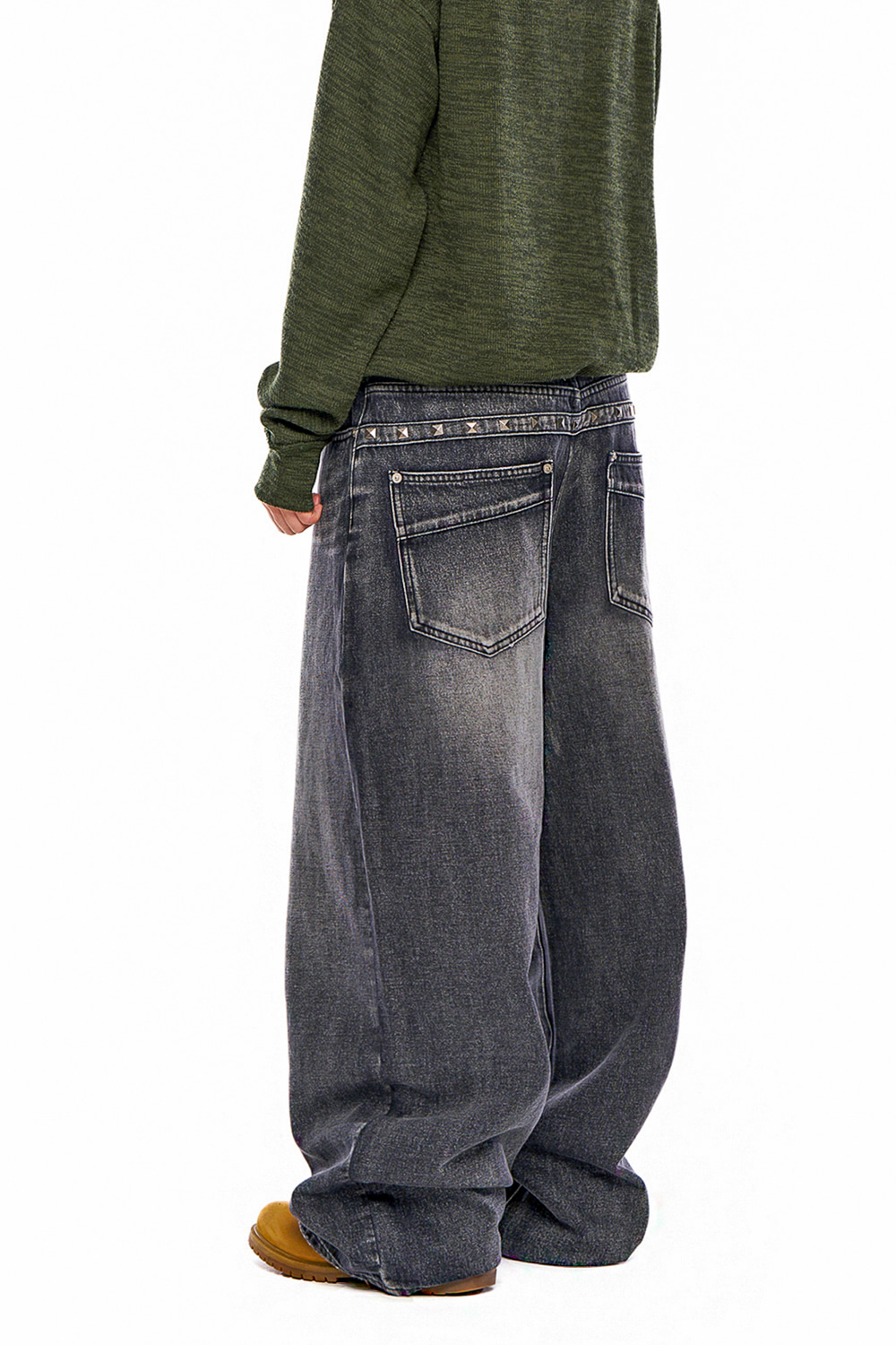 Back Studded Denim Pants (Black) - AAKAM
