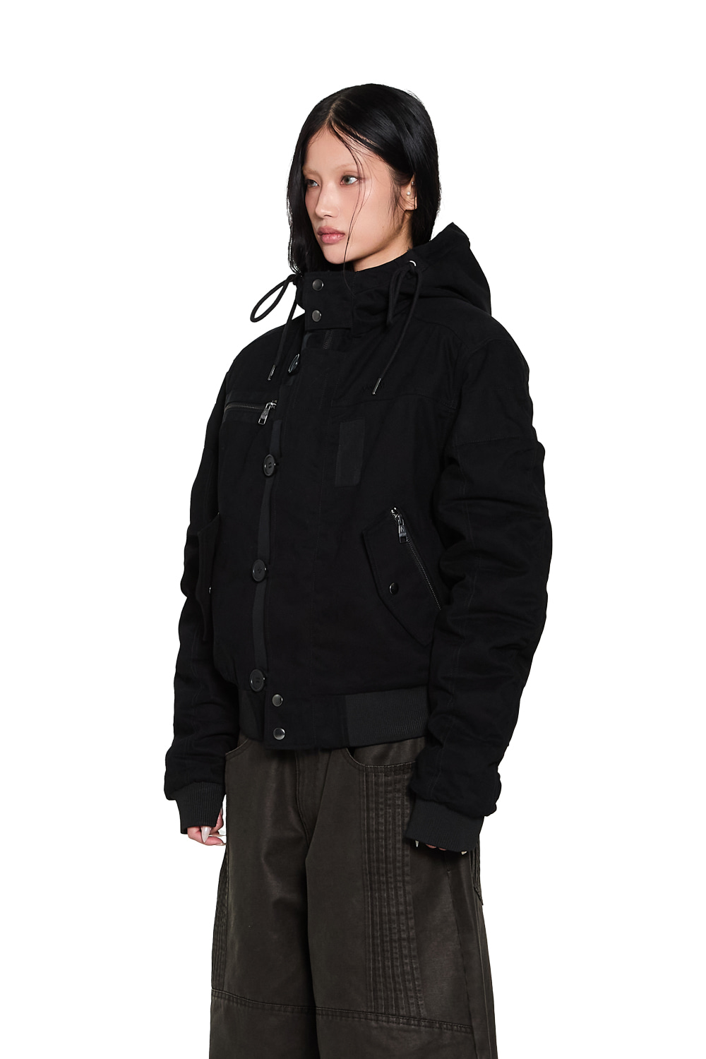 Button Placket Cotton Ma-1 Jacket (Black) | AAKAM
