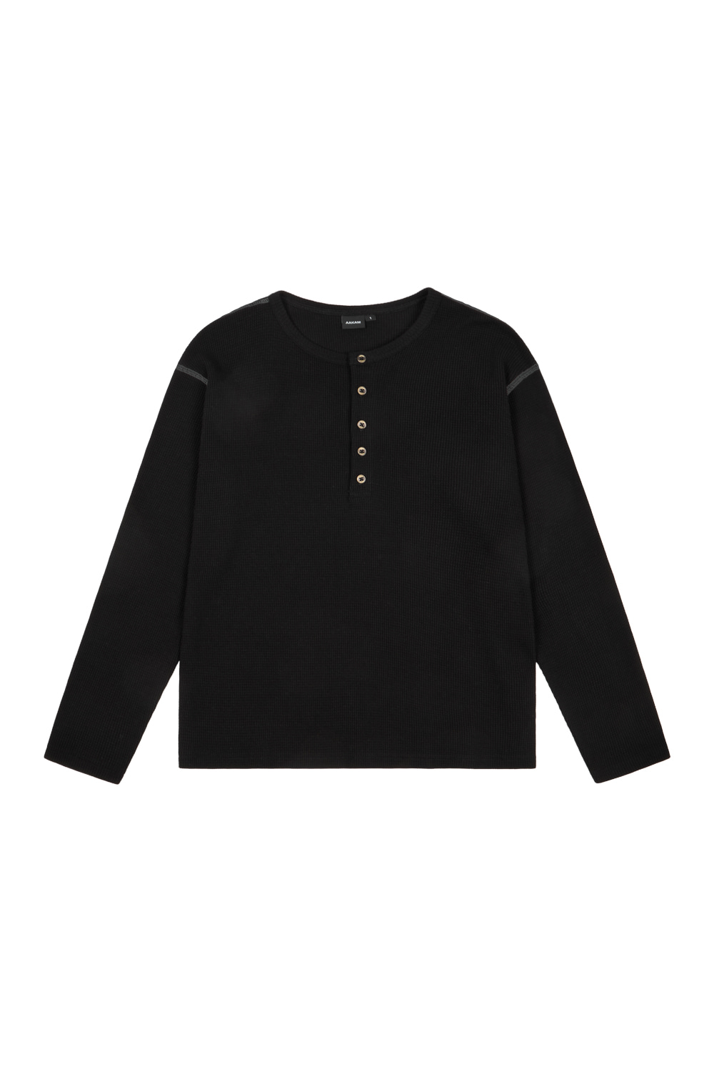 Henry Neck Waffle Long Sleeve (Black) - AAKAM
