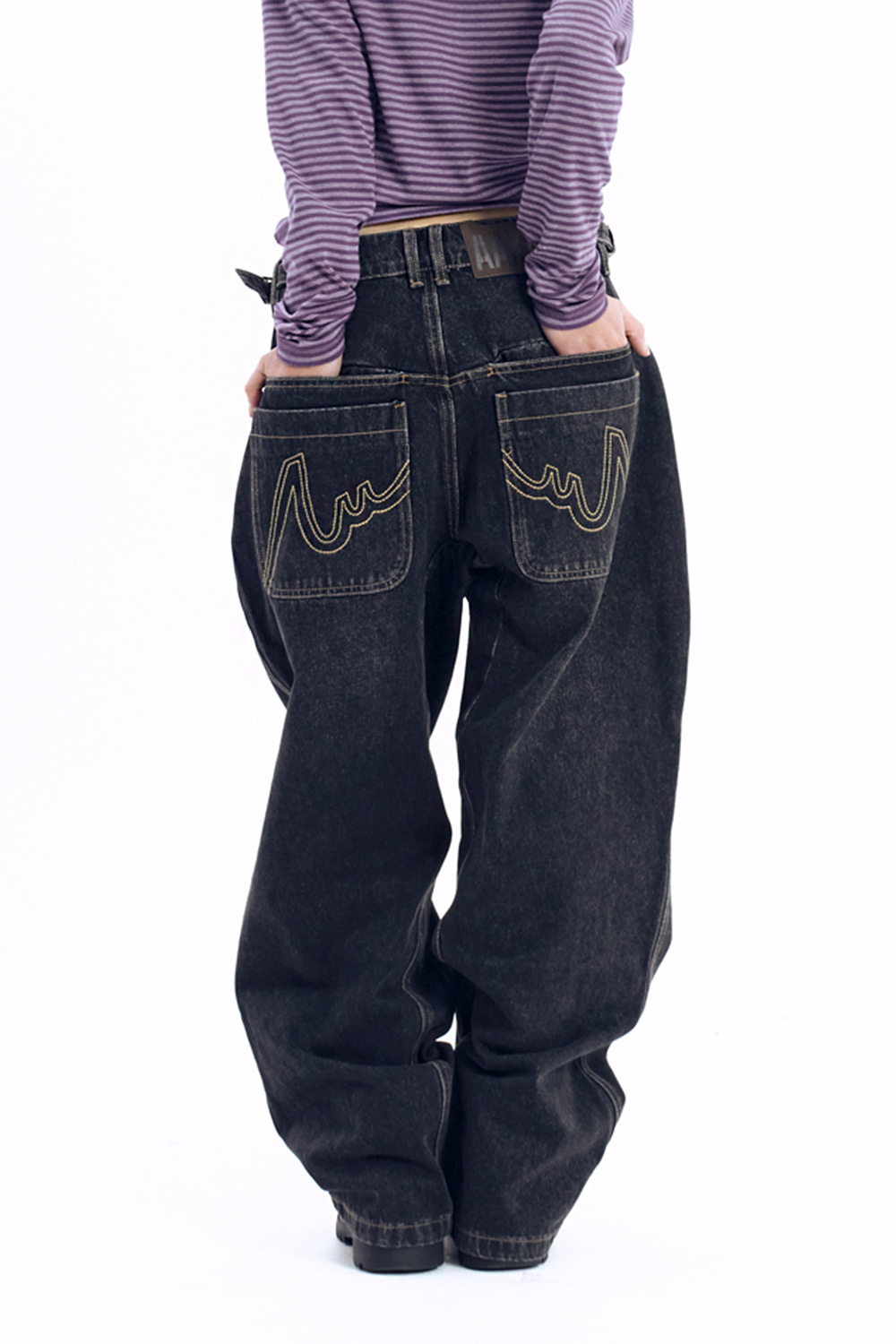 Stitched Baggy Denim Pants (Black) | AAKAM