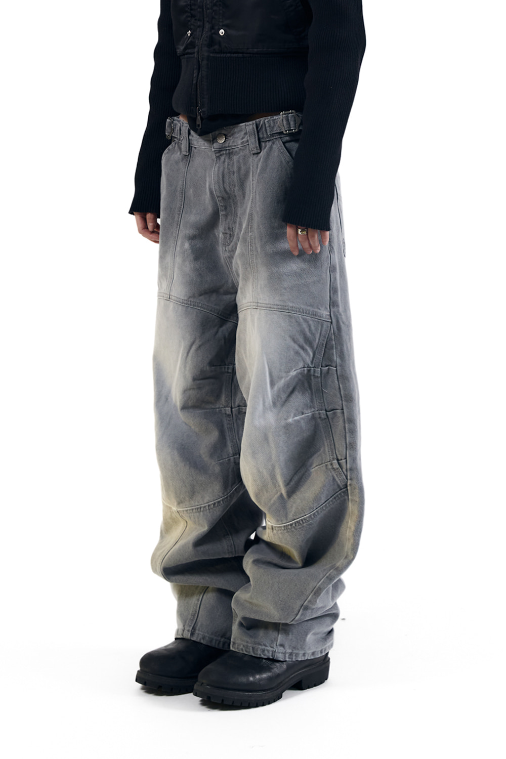 Knee Panel Biker Denim Pants (Gray) - AAKAM